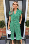 Green And White Printed Wrap Over Frill Sleeve Jumpsuit