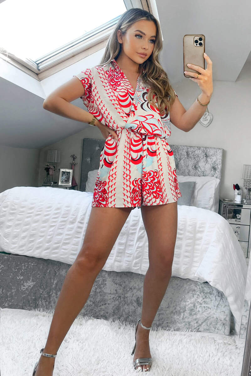 Red And Cream Printed Collared Playsuit
