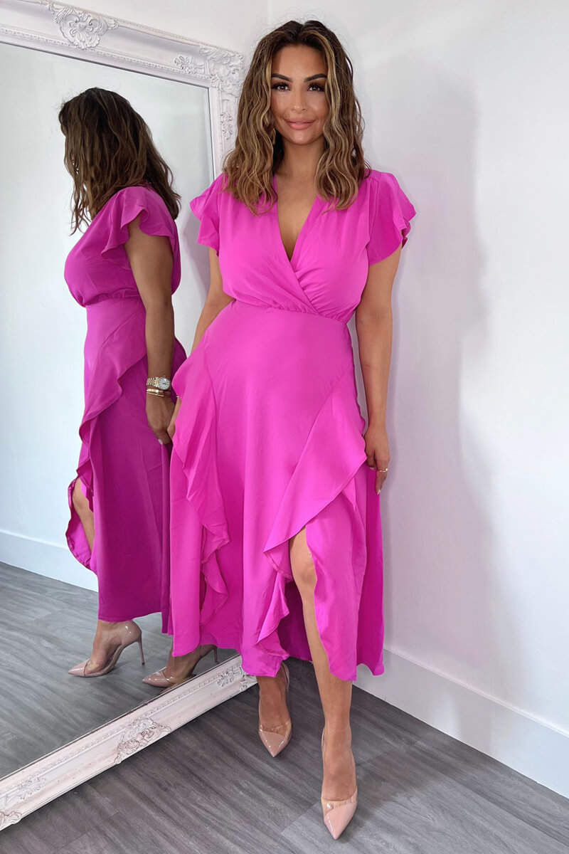 Cerise Frill Detail Double Split Skirt Midi Dress – AX Paris