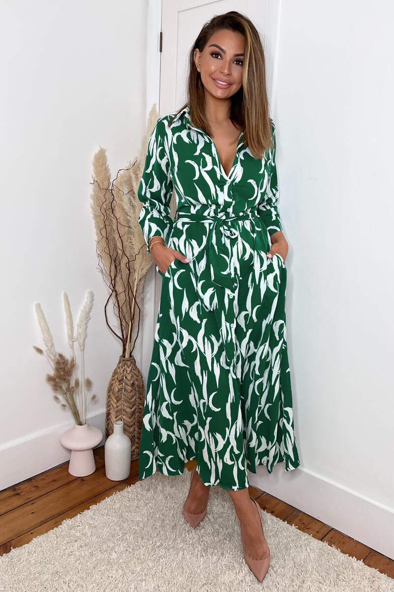 Green And White Printed Button Up Long Sleeve Midi Dress