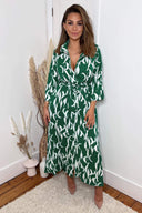 Green And White Printed Button Up Long Sleeve Midi Dress