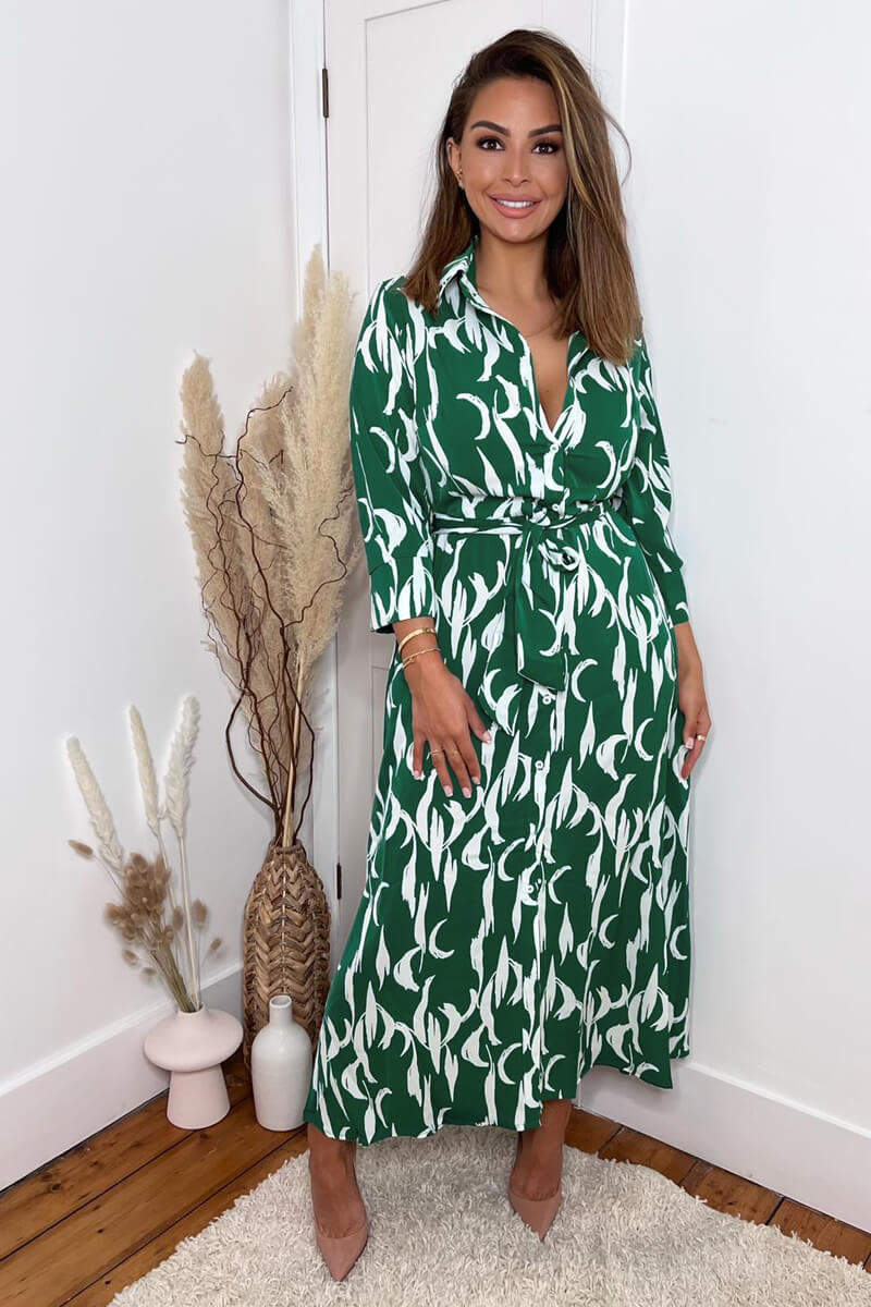 Green And White Printed Button Up Long Sleeve Midi Dress AX Paris Green And White Printed Button Up Long Sleeve Midi Dress AX Paris