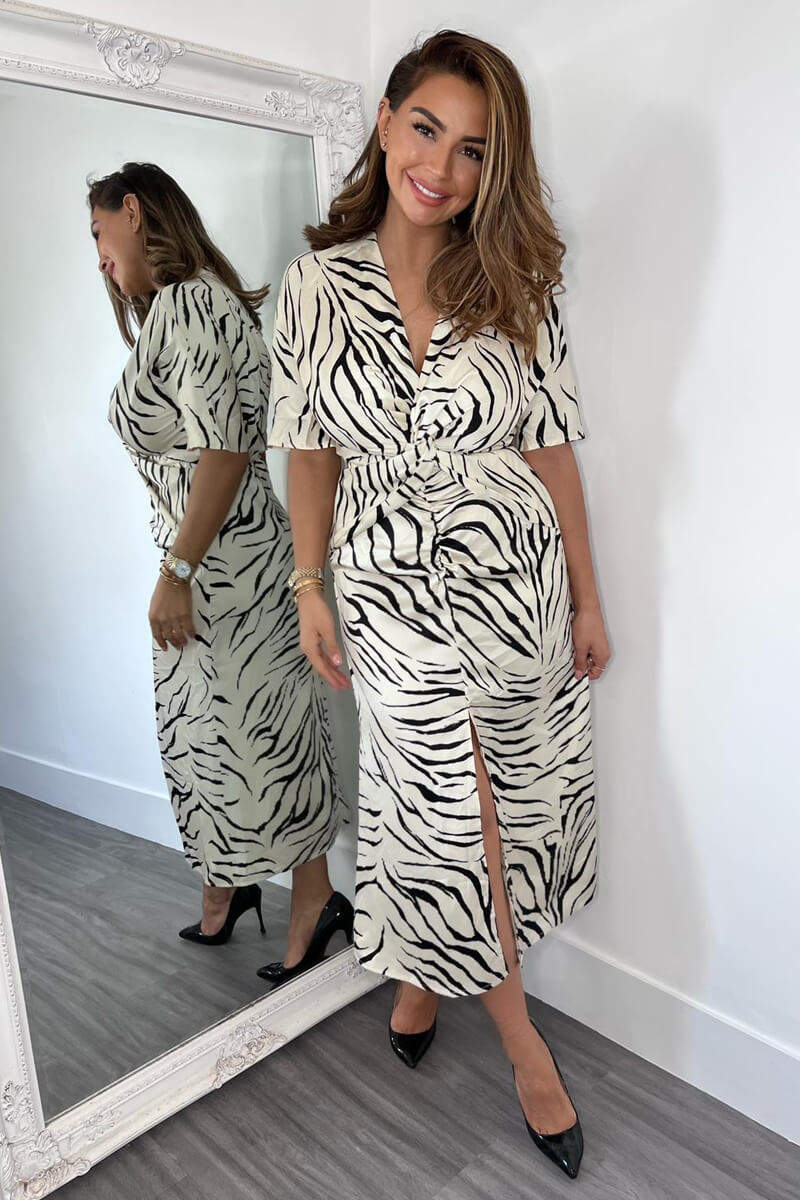 Stone Animal Print Satin Knot Front Midi Dress