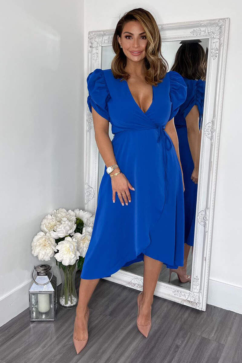 Blue Wrap Over Tie Midi Dress – AX Paris