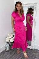 Hot Pink Short Sleeved V-Neck Midi Smock Dress