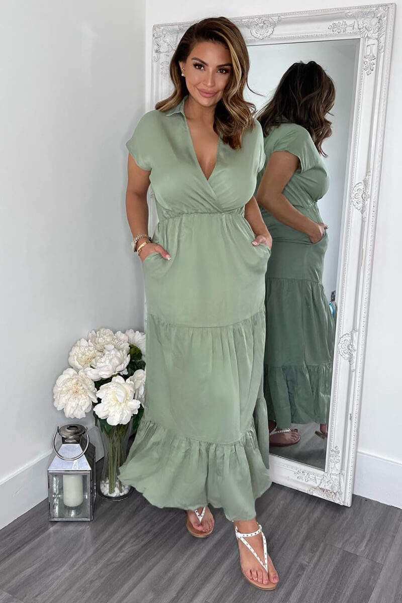 Khaki Short Sleeved V Neck Midi Smock Dress AX Paris