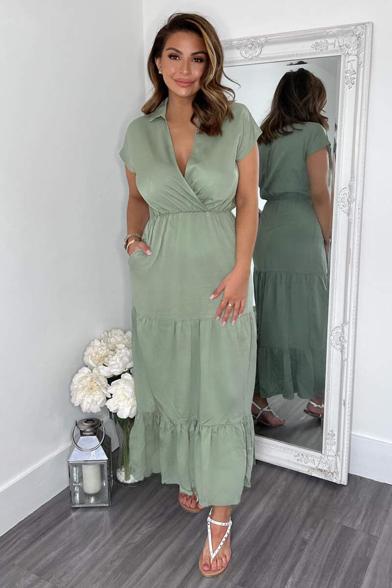 Khaki Short Sleeved V-Neck Midi Smock Dress