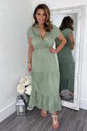 Khaki Short Sleeved V-Neck Midi Smock Dress