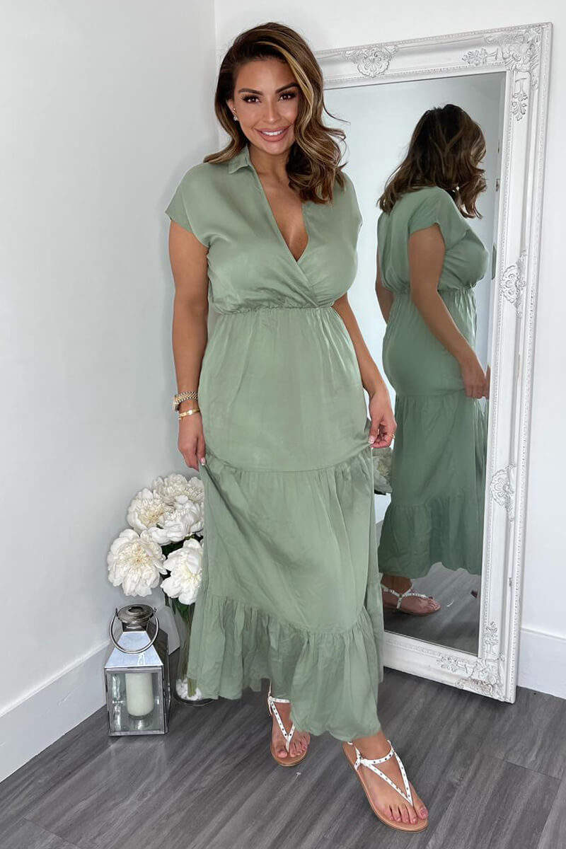 Khaki Short Sleeved V-Neck Midi Smock Dress