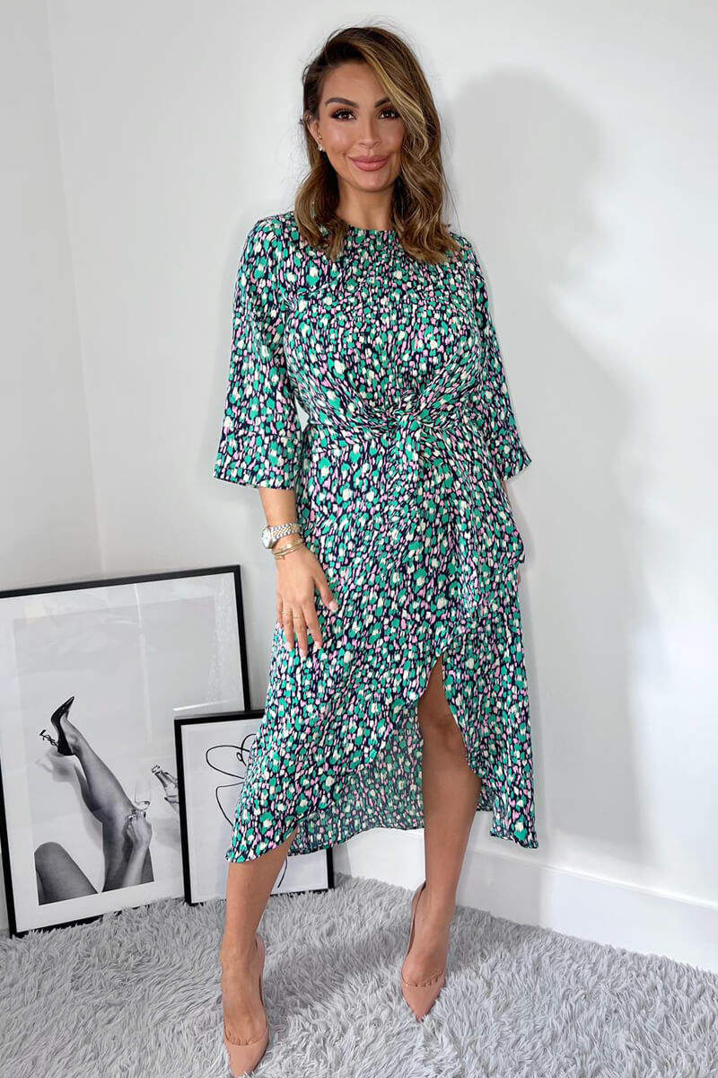 Navy Green And Pink Printed Wrap Tie Front Midi Dress  AX Paris