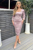 Dusty Pink Satin Square Neck Ruched Dress