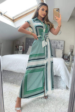 Green Printed Tie Waist Button Up Midi Dress