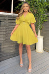 Lime Wrap Over Belted Skater Dress With Short Sleeves