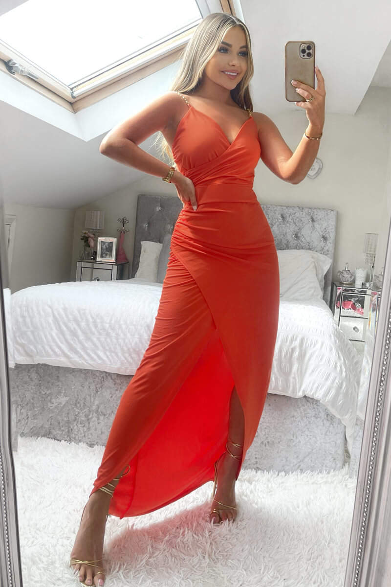 Orange Wrap Over Midi Dress With Chain Straps AX Paris