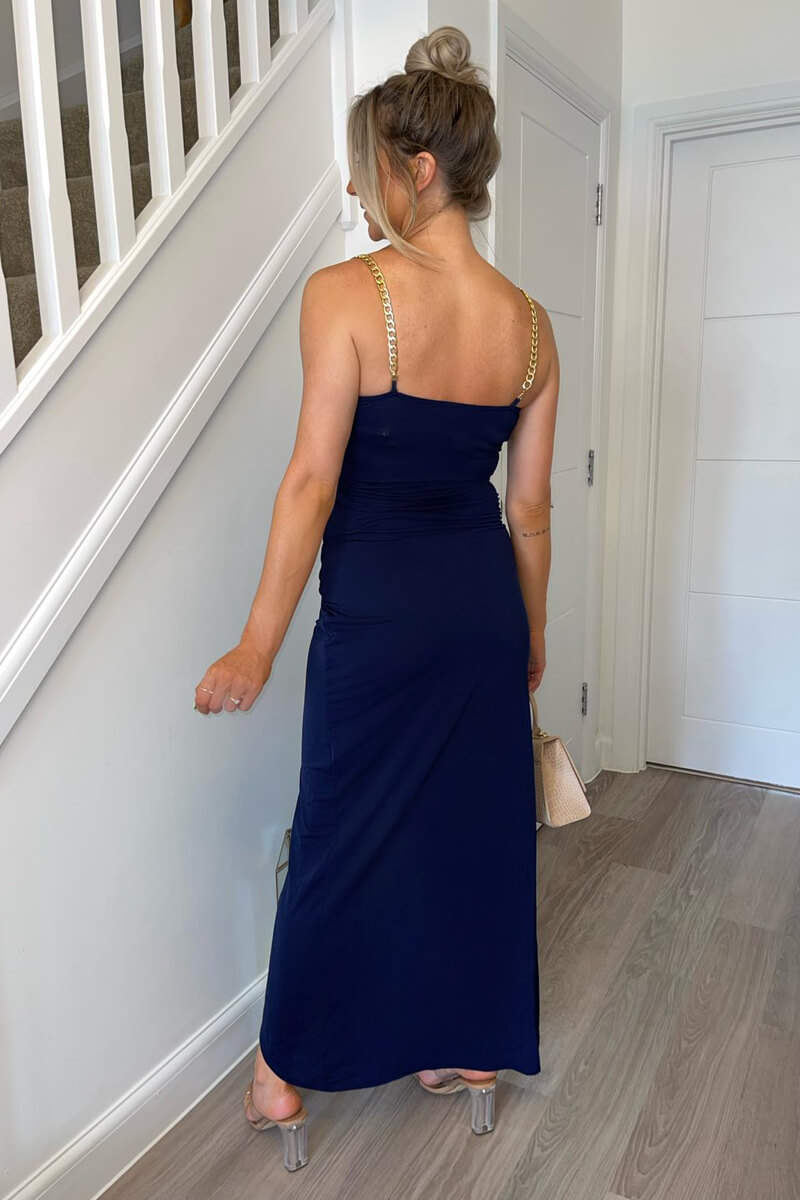 Navy Wrap Over Midi Dress With Chain Straps AX Paris Navy Wrap Over Midi Dress With Chain Straps AX Paris
