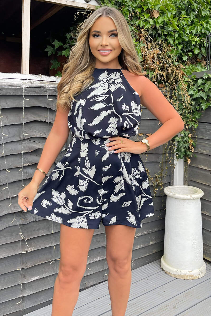 Navy and White Floral Print Playsuit AX Paris