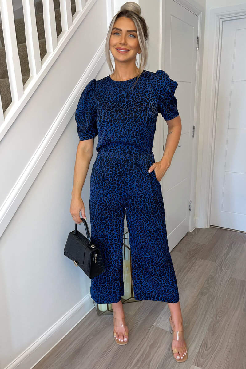 Blue Animal Print Puff Sleeve Jumpsuit AX Paris