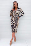 Brown Printed Long Sleeve Wrap Dress With Shoulder Pads