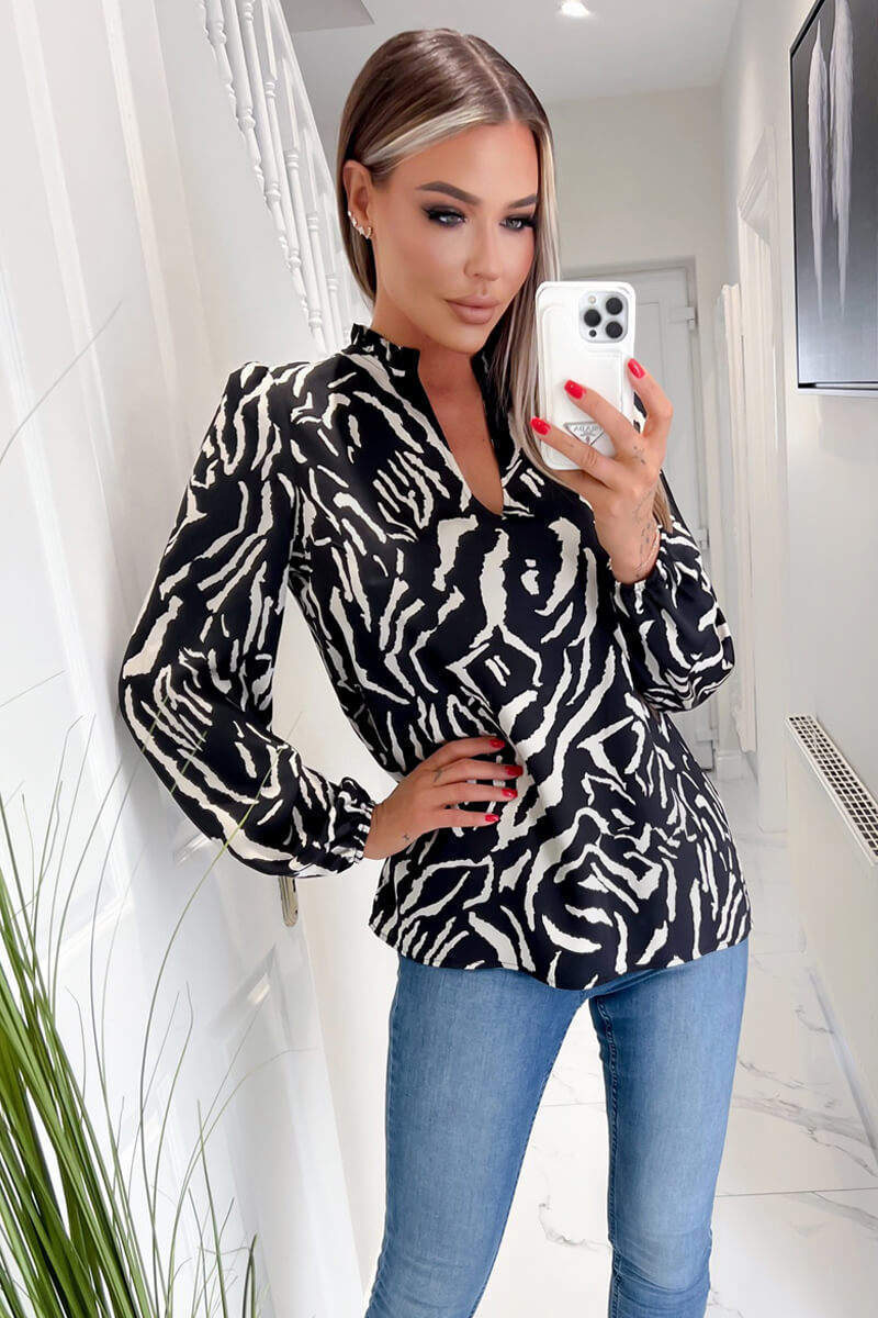 Black Animal Print Ruffle Neck Long Sleeve Top – AX Paris