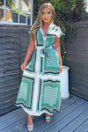 Green Printed Tie Waist Button Up Midi Dress