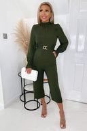 Olive High Neck Long Sleeve Belted Jumpsuit