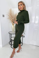 Olive High Neck Long Sleeve Belted Jumpsuit