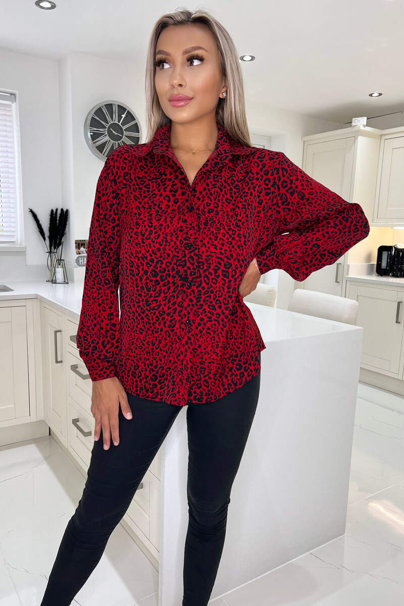Red Animal Print Button Up Shirt