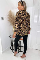 Brown Animal Print Ruffle Front Long Sleeve Top