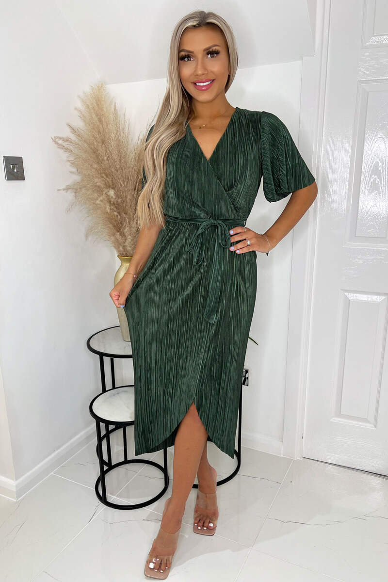 Khaki Wrap Top Belted Short Sleeve Plisse Midi Dress AX Paris Khaki Wrap Top Belted Short Sleeve Plisse Midi Dress AX Paris