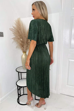 Khaki Wrap Top Belted Short Sleeve Plisse Midi Dress