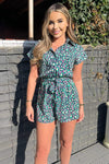 Navy Green And Pink Printed Belted Playsuit