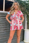 Red And Cream Printed Collared Playsuit