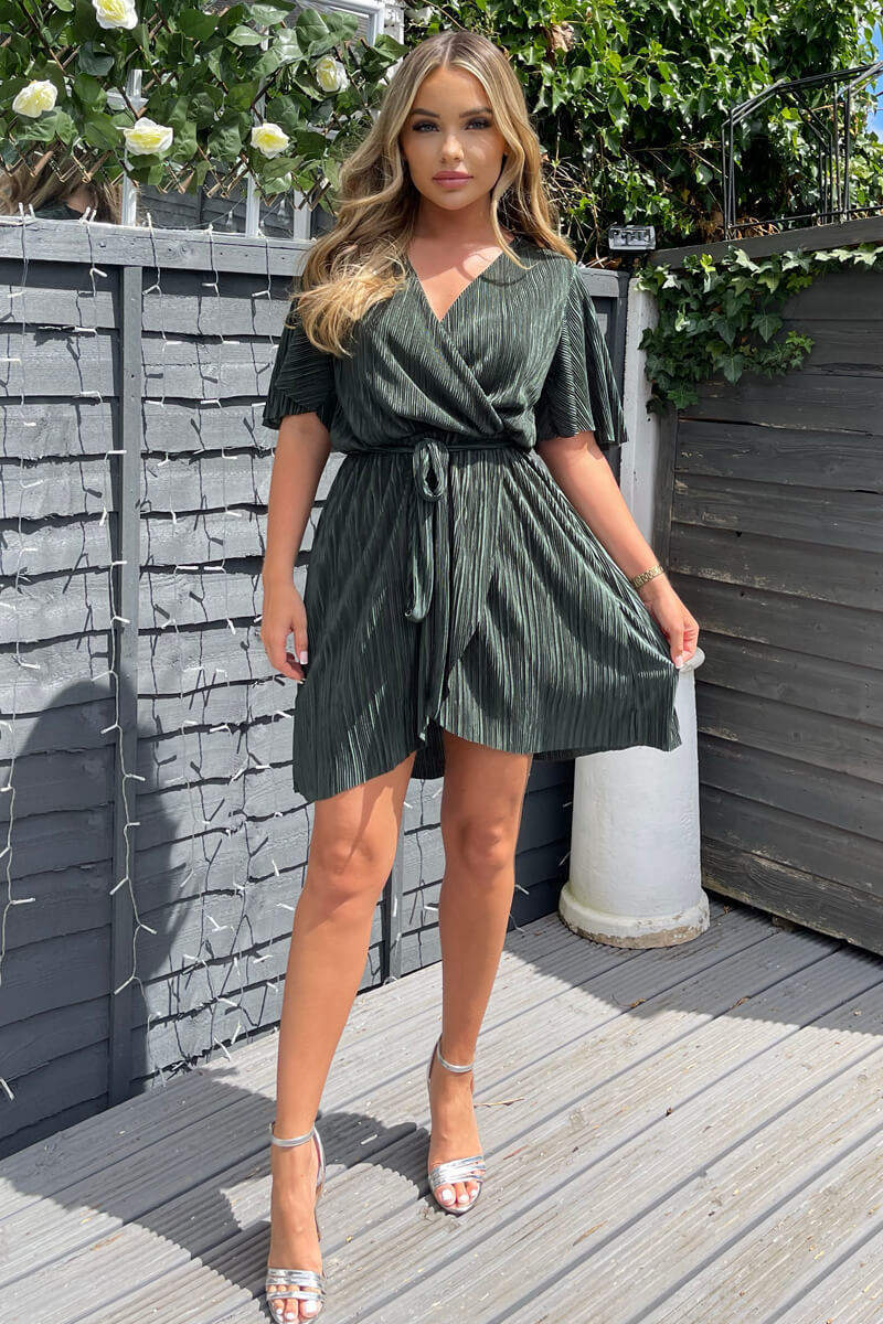 Khaki Wrap Top Belted Short Sleeve Plisse Mini Dress – AX Paris