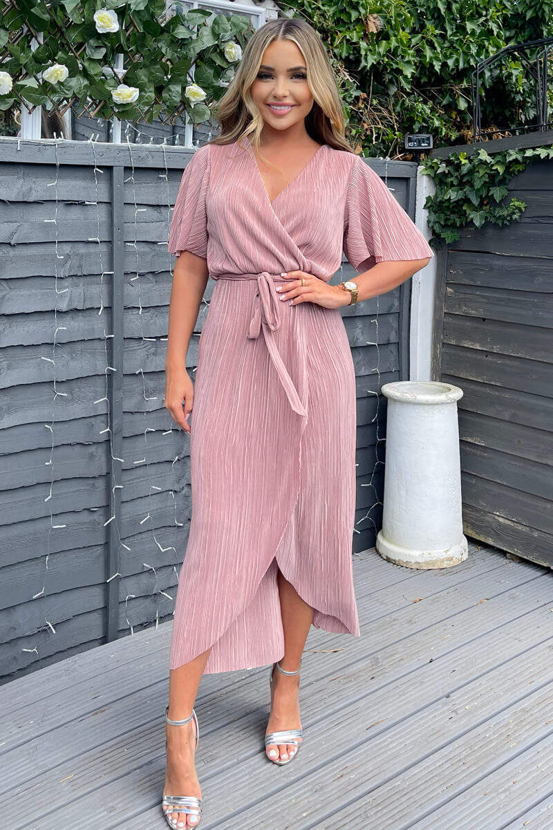 Champagne Wrap Top Belted Short Sleeve Plisse Midi Dress – AX Paris Champagne Wrap Top Belted Short Sleeve Plisse Midi Dress – AX Paris