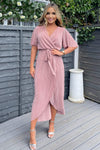 Champagne Wrap Top Belted Short Sleeve Plisse Midi Dress
