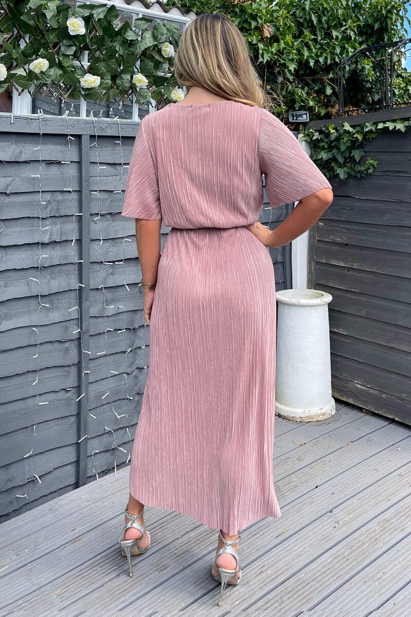 Champagne Wrap Top Belted Short Sleeve Plisse Midi Dress