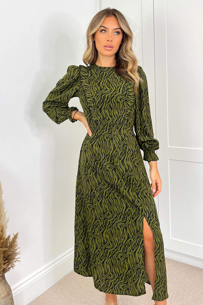 Khaki Animal Print Long Sleeve Ruffle Front Midi Dress – AX Paris