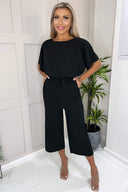 Black Tie Waist Short Sleeve Culotte Jumpsuit