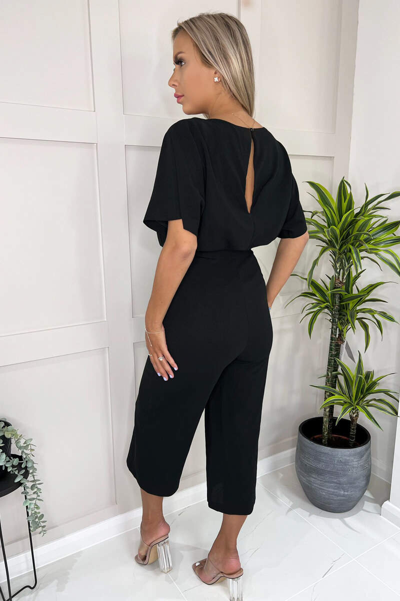 Black Tie Waist Short Sleeve Culotte Jumpsuit