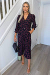 Plum And Black Printed Belted Long Sleeve Jumpsuit
