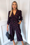Plum And Black Printed Belted Long Sleeve Jumpsuit
