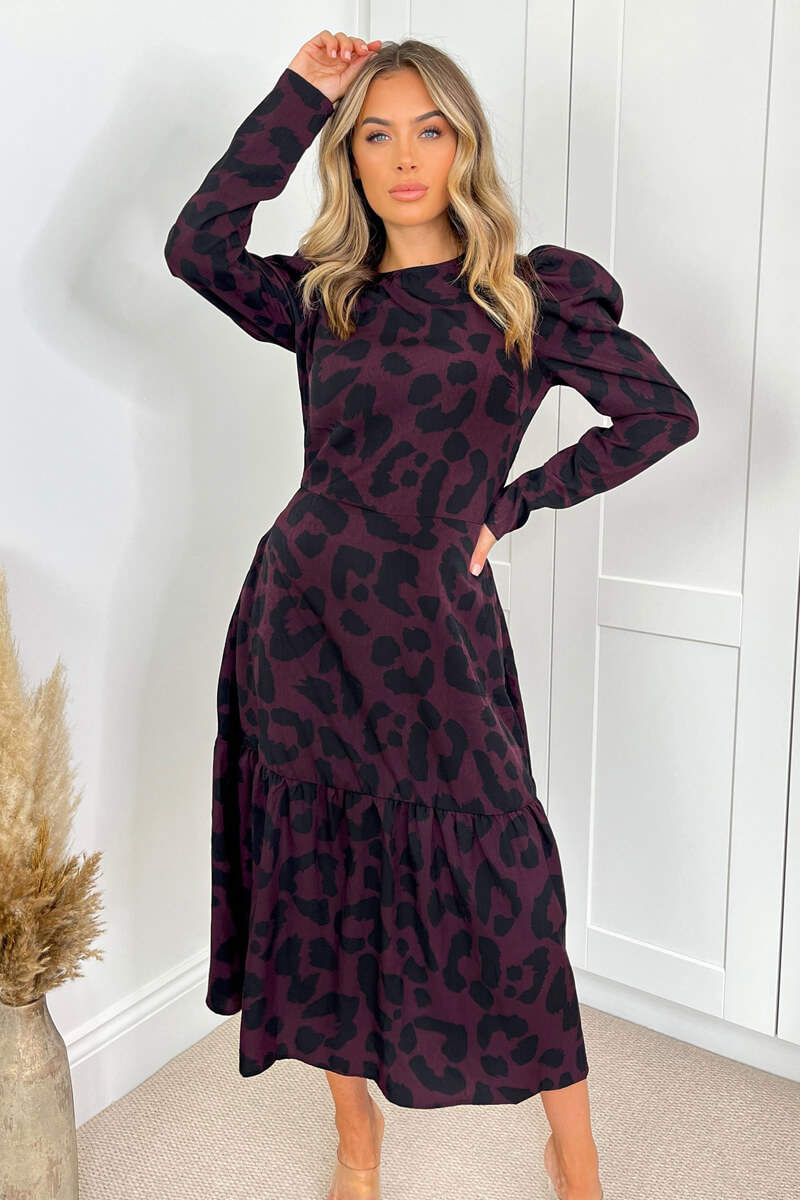 Plum And Black Animal Print Long Sleeve Midi Smock Dress – AX Paris