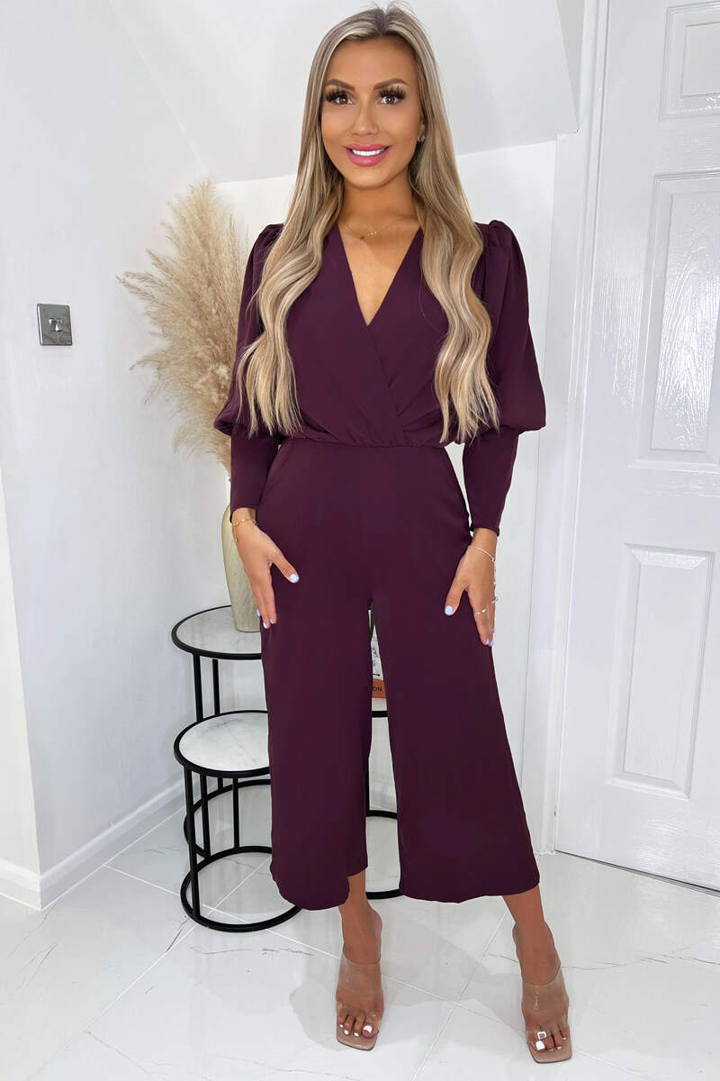Plum Wrap Top Long Sleeve Culotte Jumpsuit AX Paris