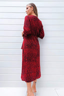 Red and Black Animal Print Tie Front Midi Dress