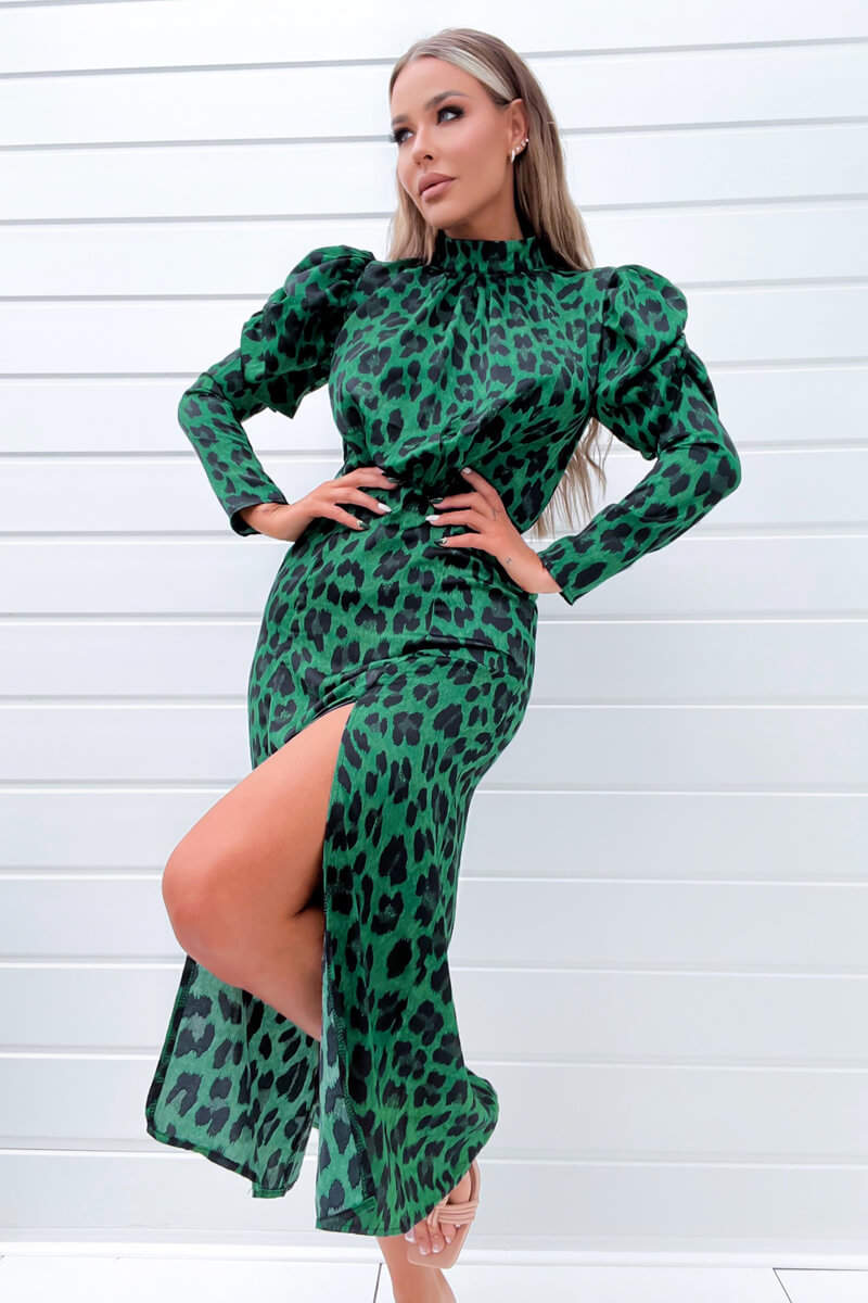 Green and Black Animal Print Puff Long Sleeve Midi Dress AX Paris