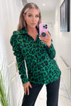 Green and Black Animal Print Ruched Sleeve Shirt