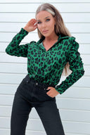 Green and Black Animal Print Ruched Sleeve Shirt