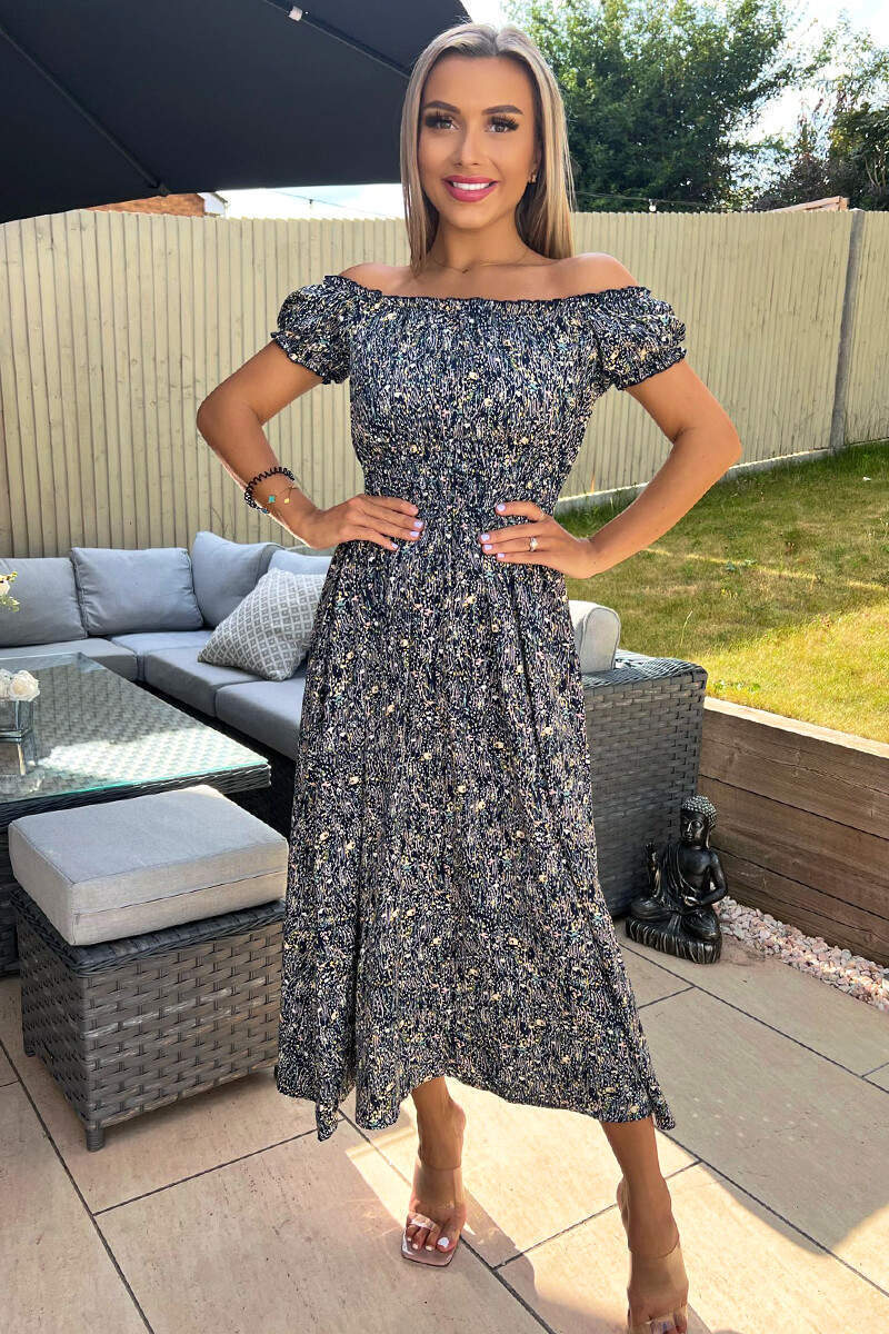 Navy Printed Elasticated Waist Bardot Midi Dress AX Paris Navy Printed Elasticated Waist Bardot Midi Dress AX Paris