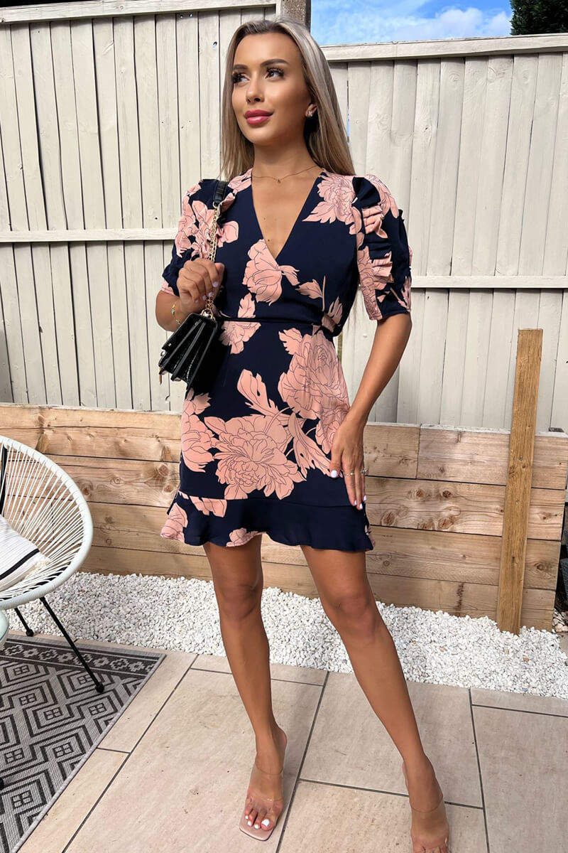 Navy And Blush Floral Pleated Sleeve Skater Dress