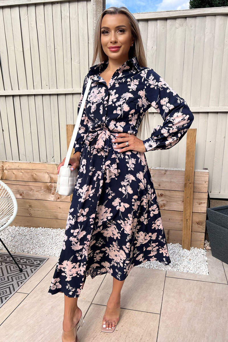 Navy And Pink Floral Button Up Midi Shirt Dress AX Paris Navy And Pink Floral Button Up Midi Shirt Dress AX Paris